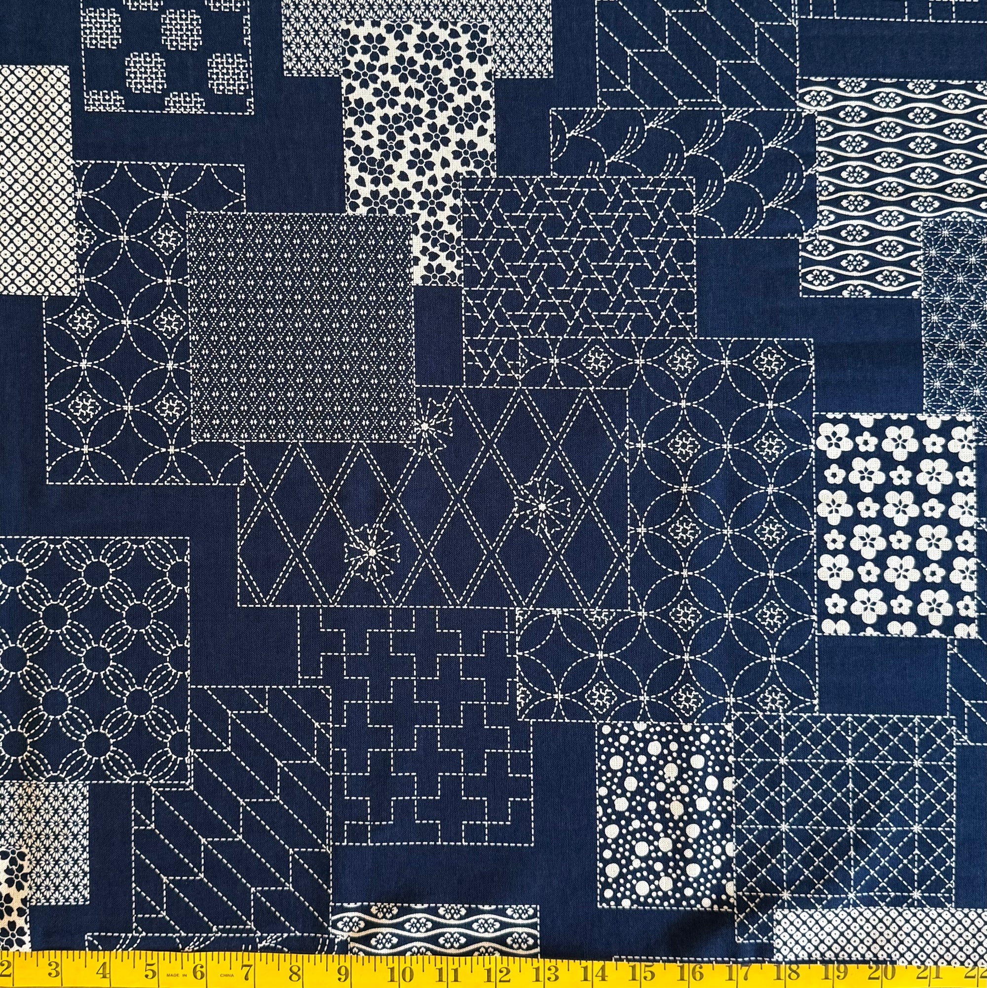 Indigo Squares & Rectangles - Cotton Print Fabric - $40 Per Metre