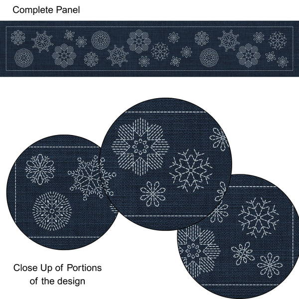 Christmas Snowflakes Long Pre-Printed Sashiko Panel - Indigo Niche