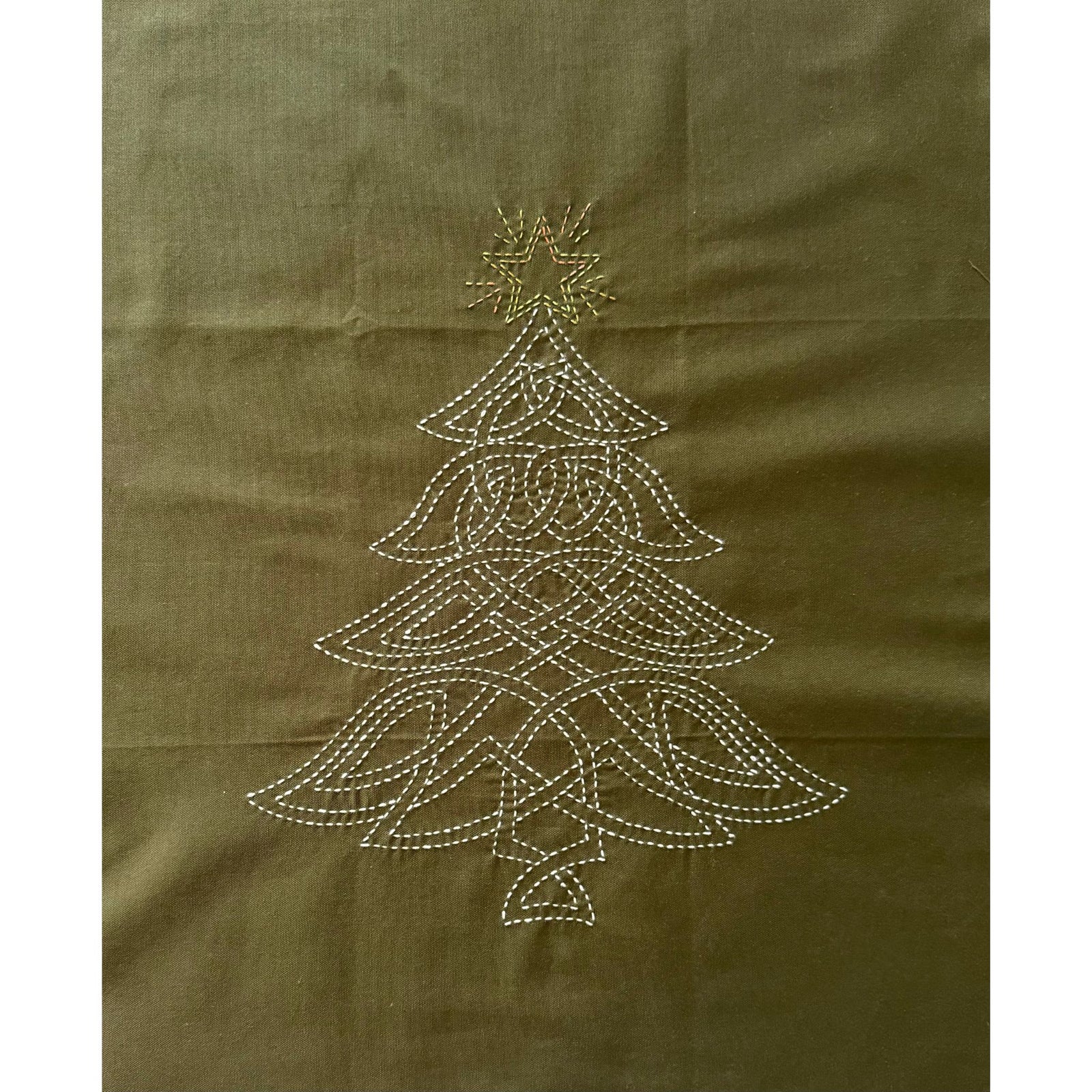 Celtic Christmas Tree Pre-Printed Sashiko Panel Olive Green