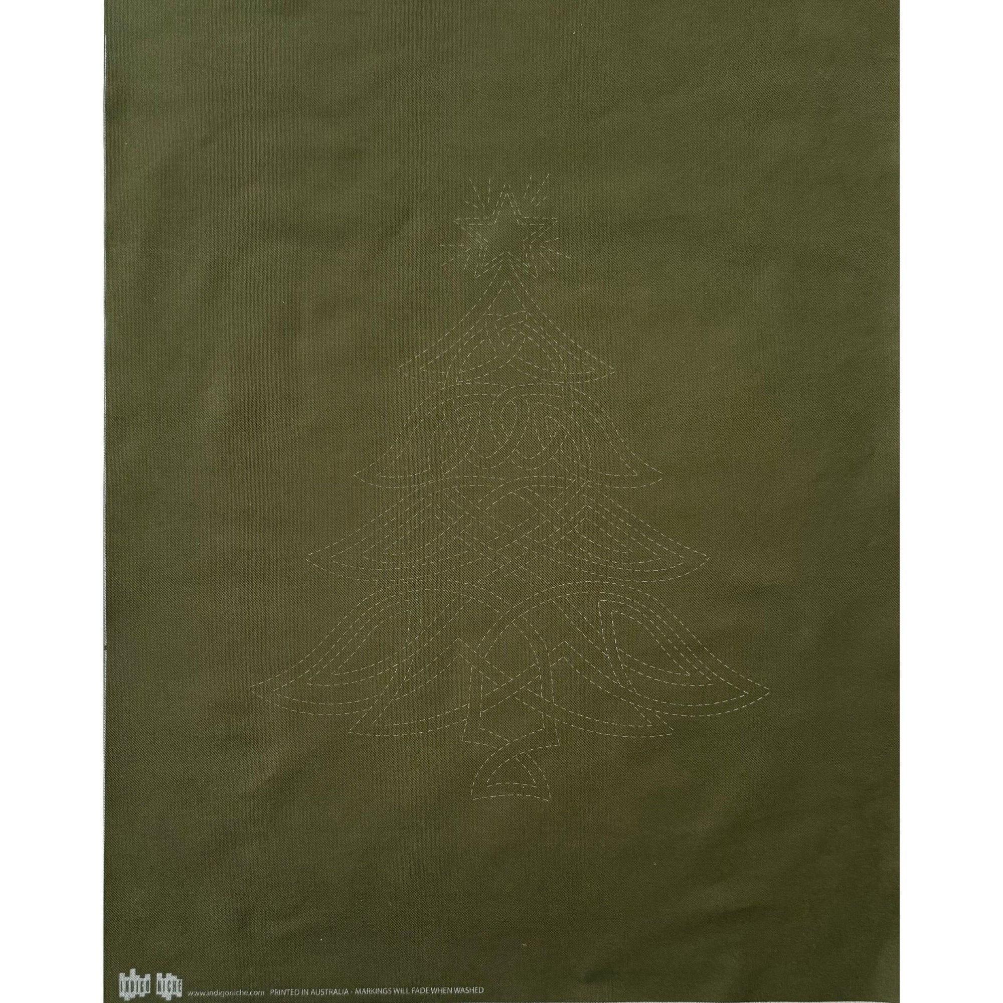 Celtic Christmas Tree Pre-Printed Sashiko Panel Olive Green