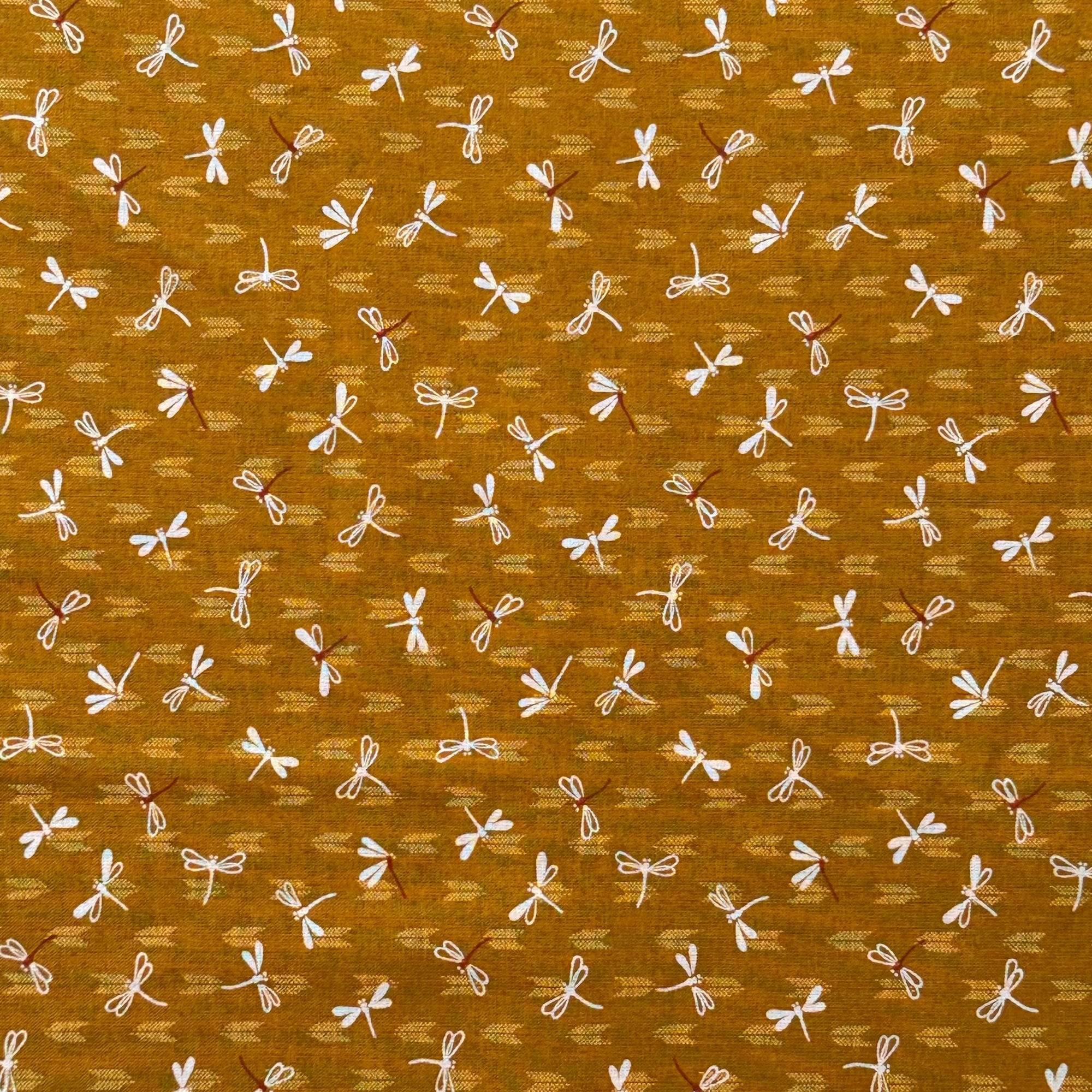 Mustard Dragonfly Frenzy - Cotton Print Fabric - $30 Per Metre