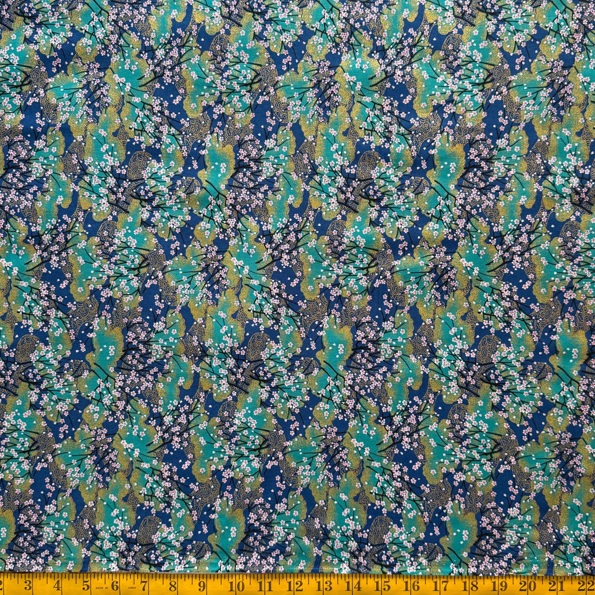Gold Cherry Blossom - Cotton Print Fabric - $36 Per Metre