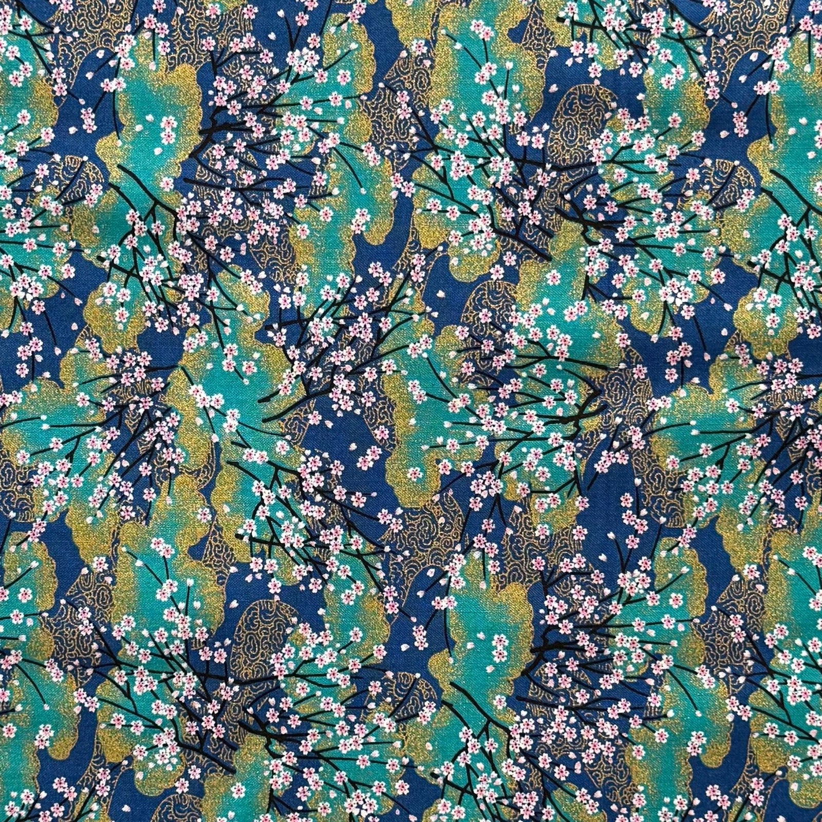 Gold Cherry Blossom - Cotton Print Fabric - $36 Per Metre